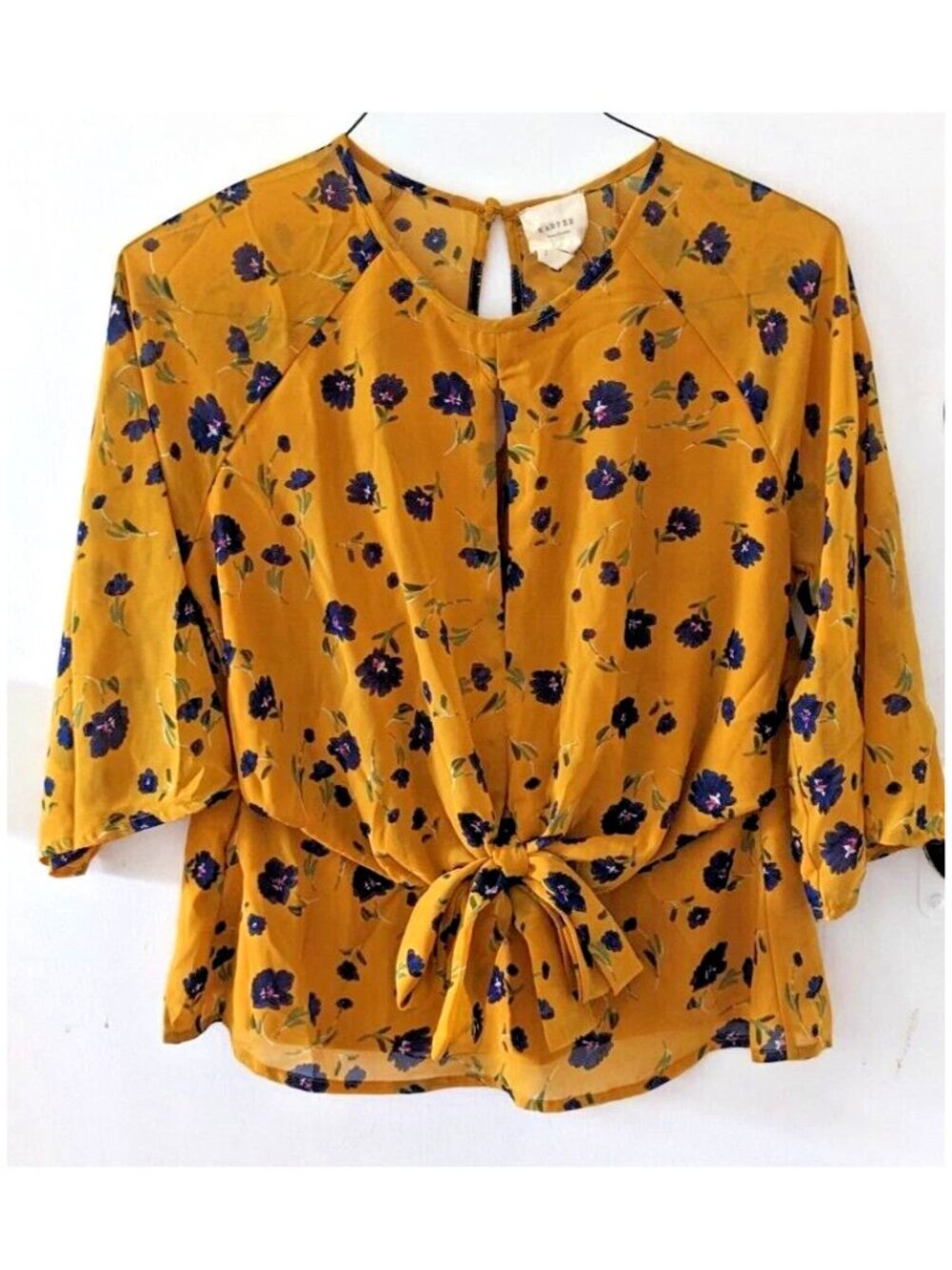 Francesca's Harper Heritage floral print yellow blouse top shirt women's SMALL